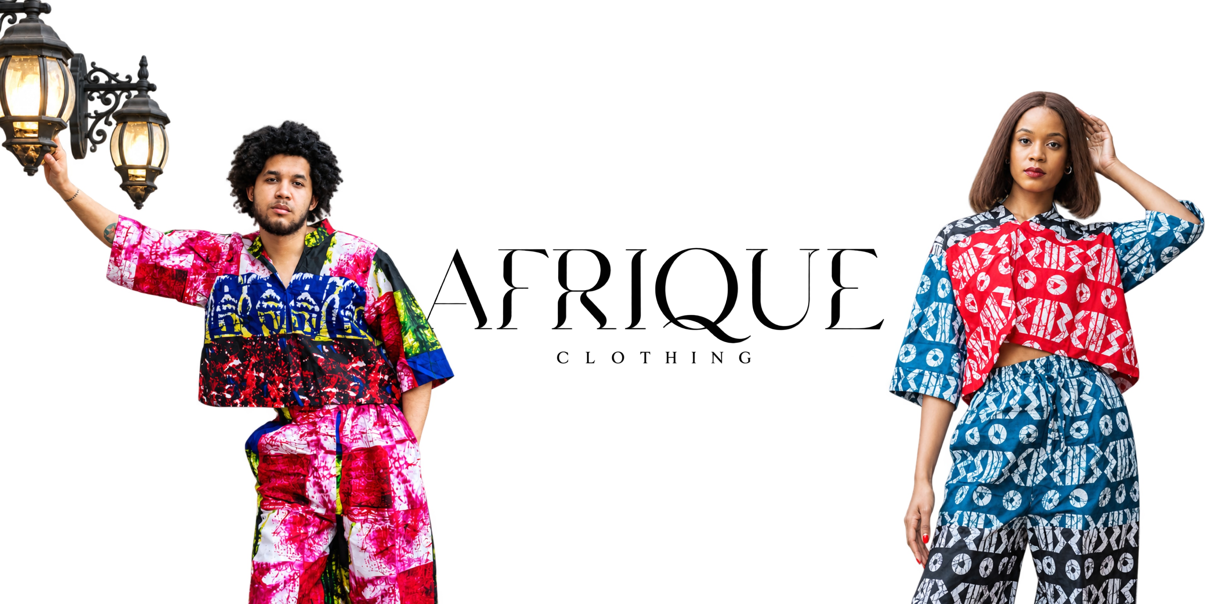 Afrique Clothing campaign featuring three models in colorful designs